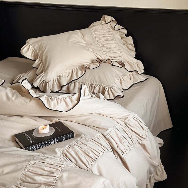  - Ever Lasting - Beige Black Trim Ruffle Bedding Set - Bedding Set - Ever Lasting