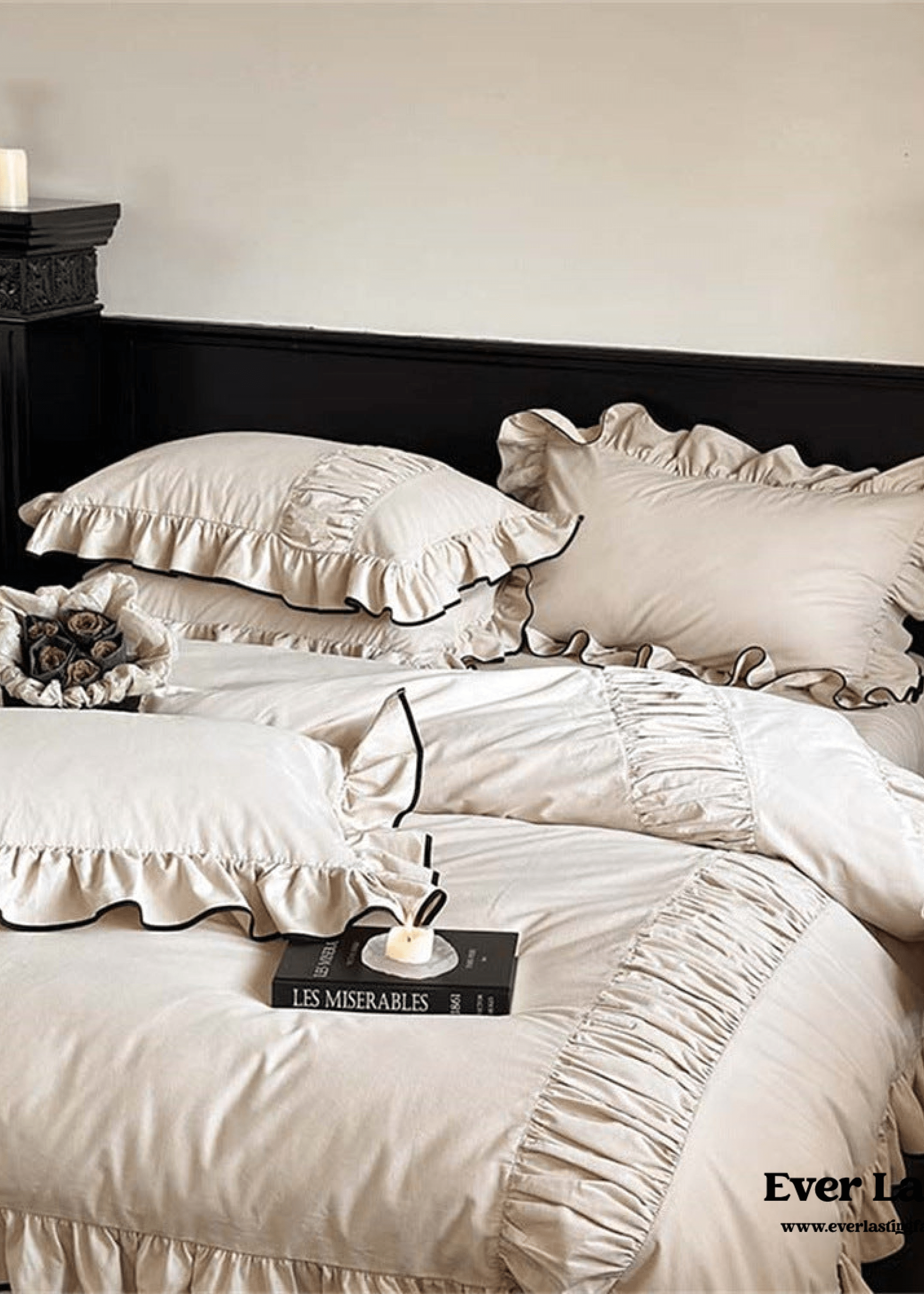  - Ever Lasting - Beige Black Trim Ruffle Bedding Set - Bedding Set - Ever Lasting