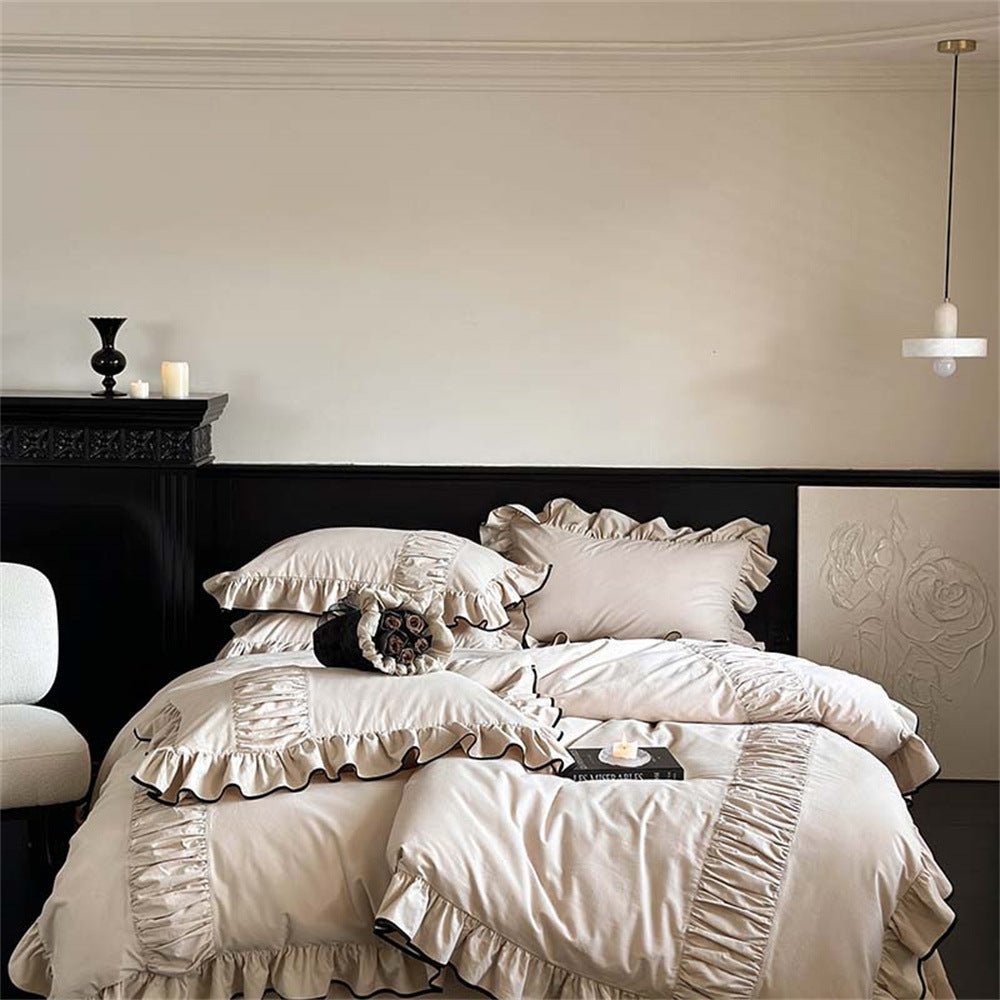  - Ever Lasting - Beige Black Trim Ruffle Bedding Set - Bedding Set - Ever Lasting