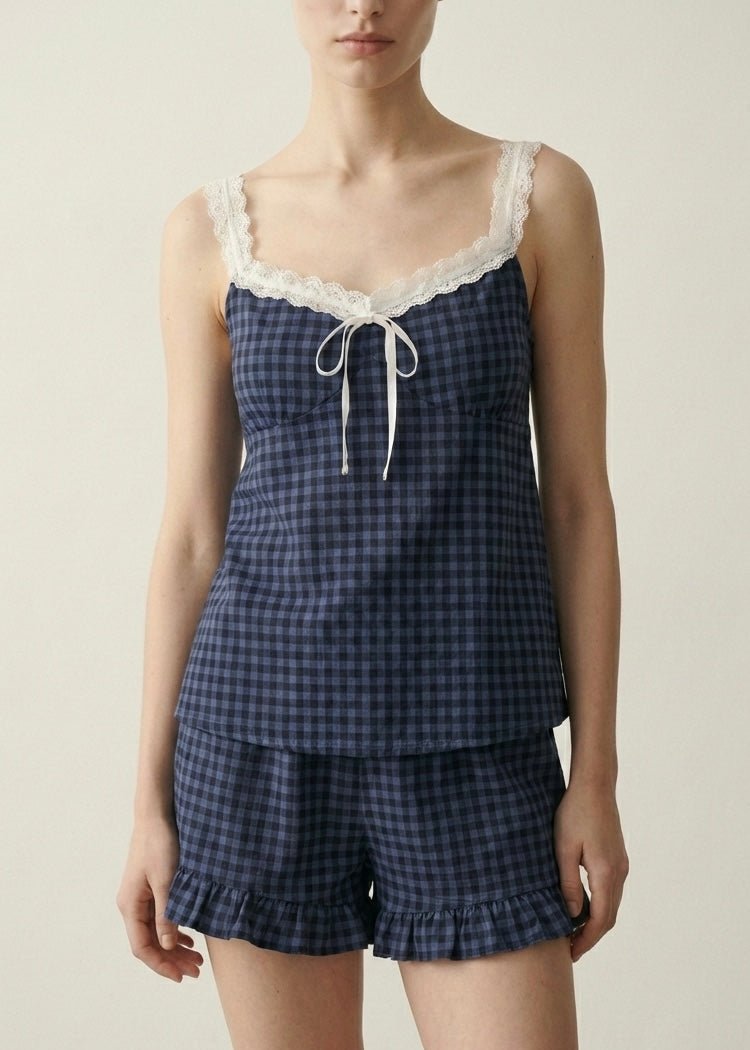  - Ever Lasting - Bellamy Ruffle Gingham Lace Pajama Set / Blue - Pajamas - Ever Lasting