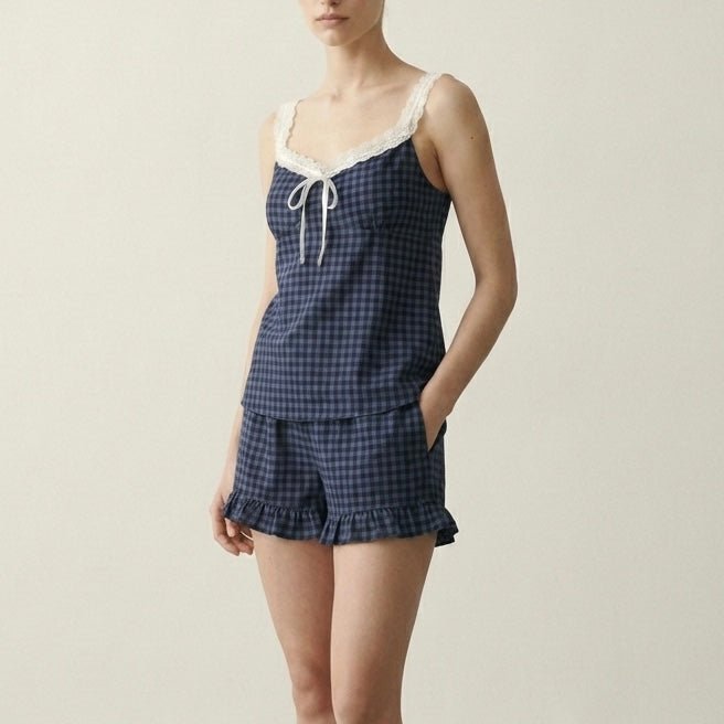  - Ever Lasting - Bellamy Ruffle Gingham Lace Pajama Set / Blue - Pajamas - Ever Lasting