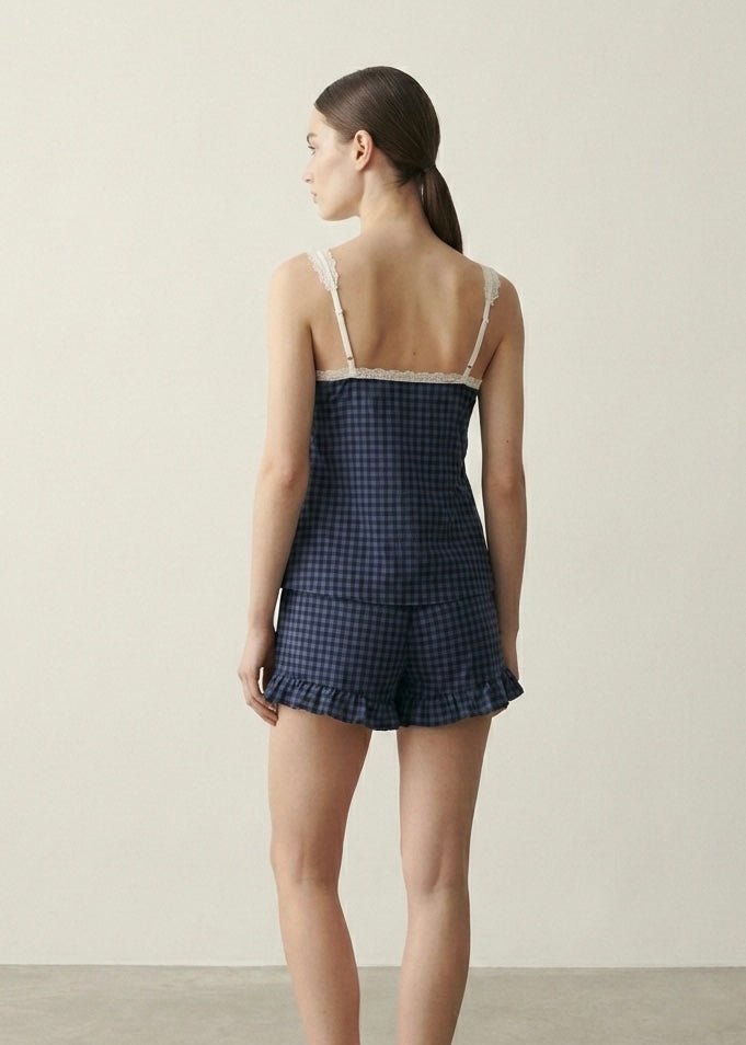  - Ever Lasting - Bellamy Ruffle Gingham Lace Pajama Set / Blue - Pajamas - Ever Lasting