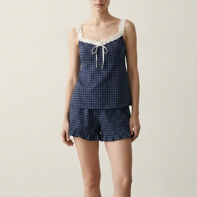  - Ever Lasting - Bellamy Ruffle Gingham Lace Pajama Set / Blue - Pajamas - Ever Lasting