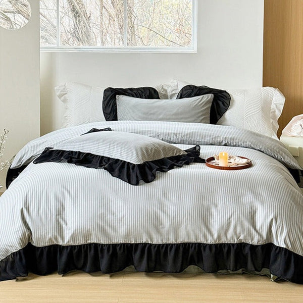 Black Lace Stripe Pastel Bedding Set / Green Small Flat