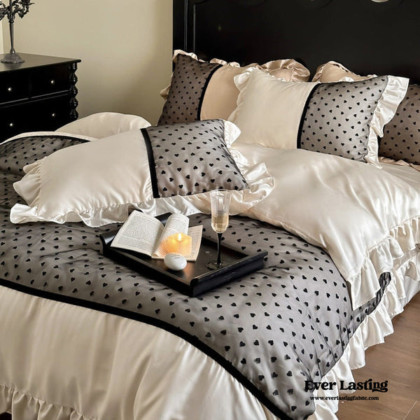 Black Lace Sweet Heart Ruffle Bedding Bundle