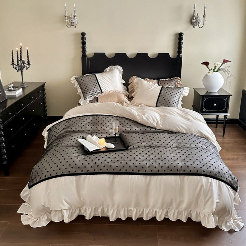 Black Lace Sweet Heart Ruffle Bedding Set / Brown