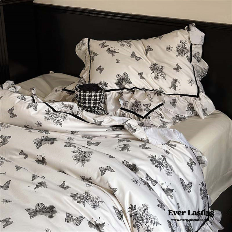 Black & White Butterfly French Ruffle Bedding Bundle