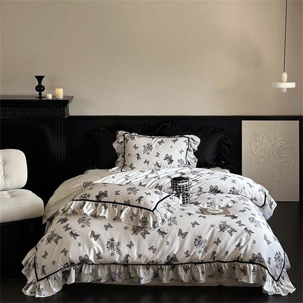 Black & White Butterfly French Ruffle Bedding Bundle Medium / Fitted