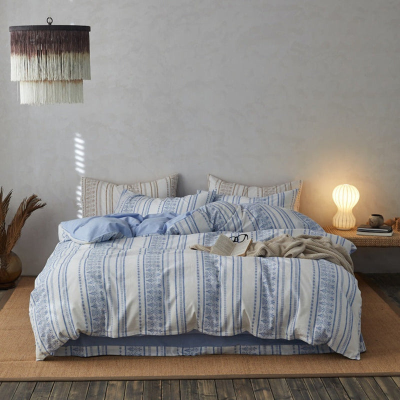 Boho Jacquard Cotton Bedding Set / Black Gray Blue Medium Fitted