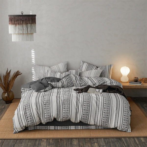 Boho Jacquard Cotton Bedding Set / Black Gray Medium Fitted