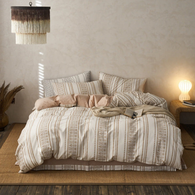 Boho Jacquard Cotton Bedding Set / Pink + White Khaki Medium Fitted
