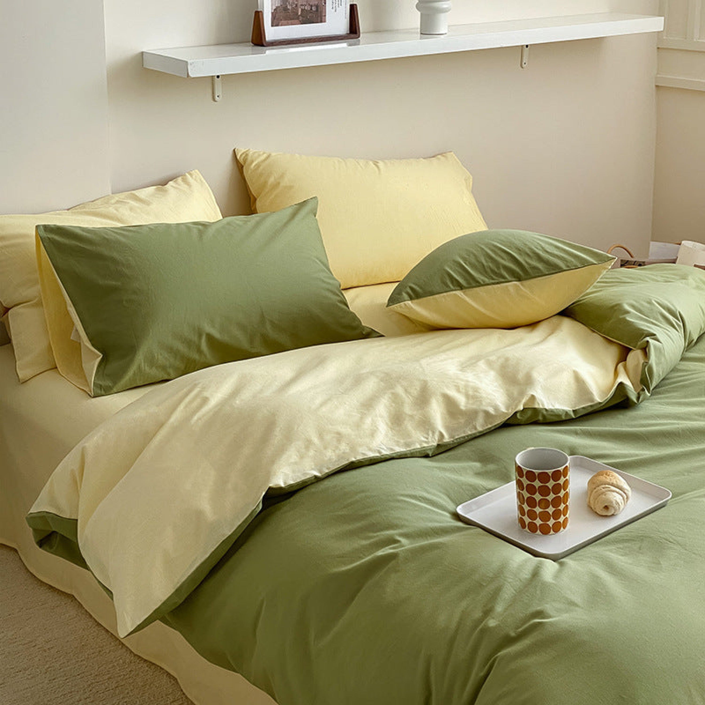 Bold Duo Reversible Bedding Set / Burnt Orange + Custard Green Yellow Small Flat