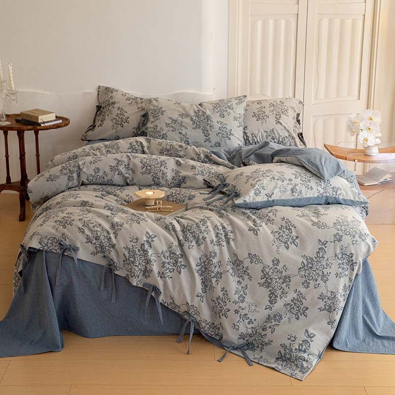  - Ever Lasting - Bonnie Ribbon Bow Tie Floral Bedding Set / Dark Gray - Bedding Set - Ever Lasting
