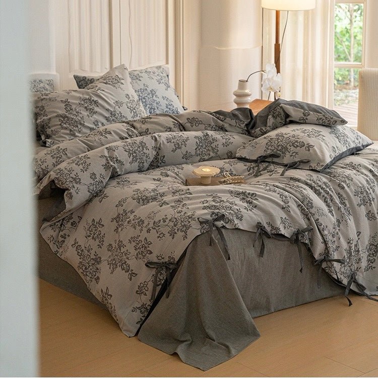  - Ever Lasting - Bonnie Ribbon Bow Tie Floral Bedding Set / Dark Gray - Bedding Set - Ever Lasting