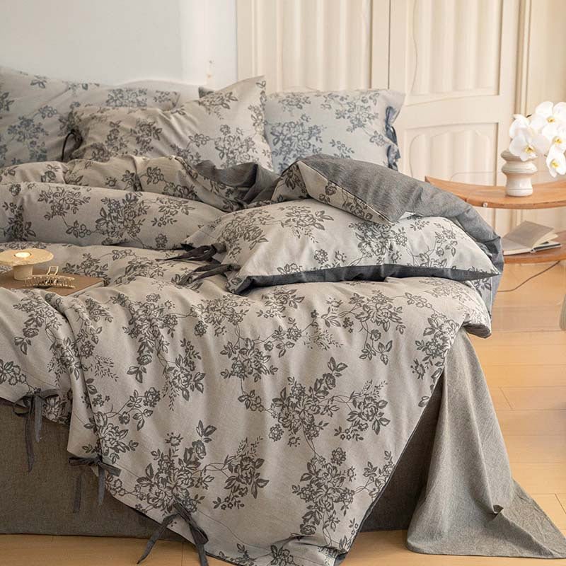  - Ever Lasting - Bonnie Ribbon Bow Tie Floral Bedding Set / Dark Gray - Bedding Set - Ever Lasting