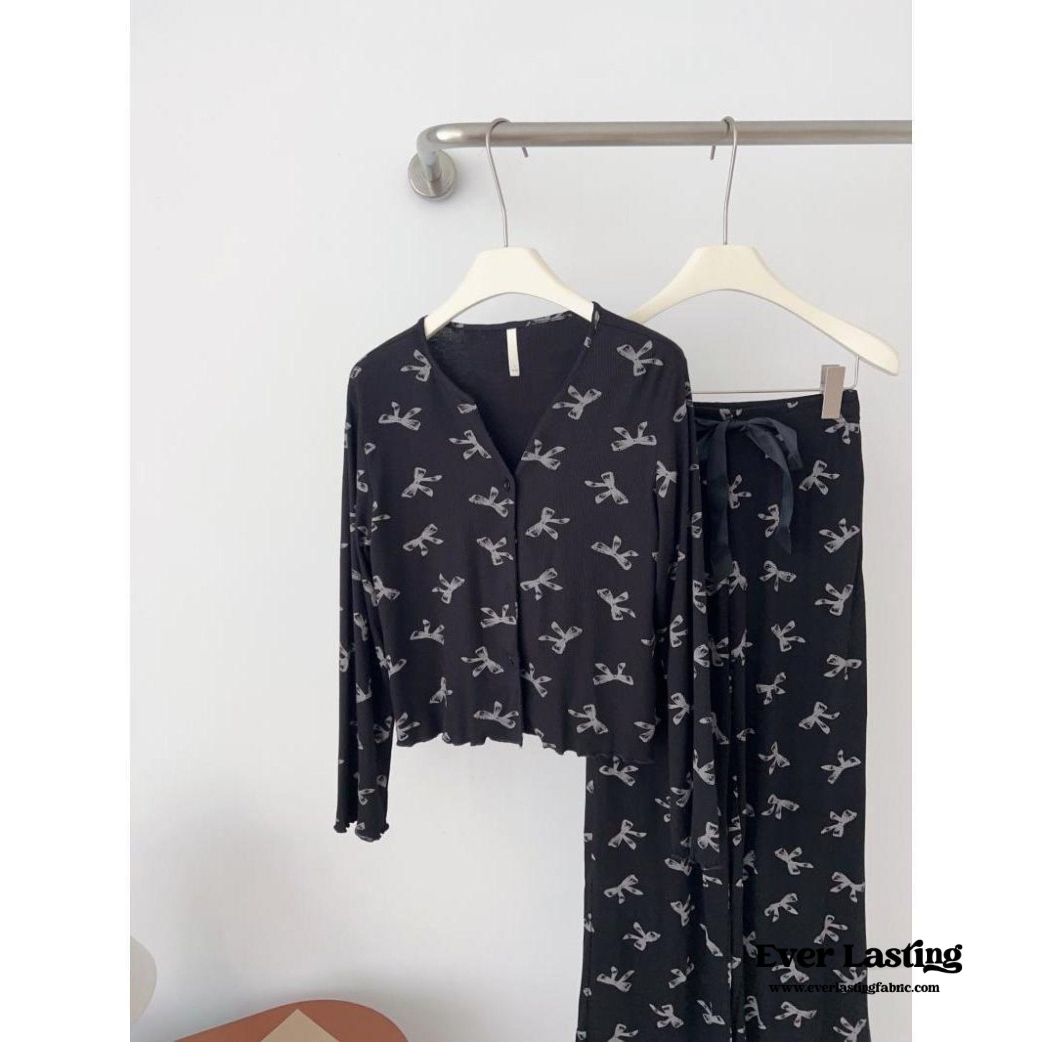 Bow V Neck Modal Pajama Set / Black - Ever Lasting