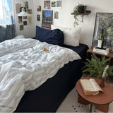 Breezy Stripe Washed Cotton Bedding Set White + Dark Blue / Small Flat