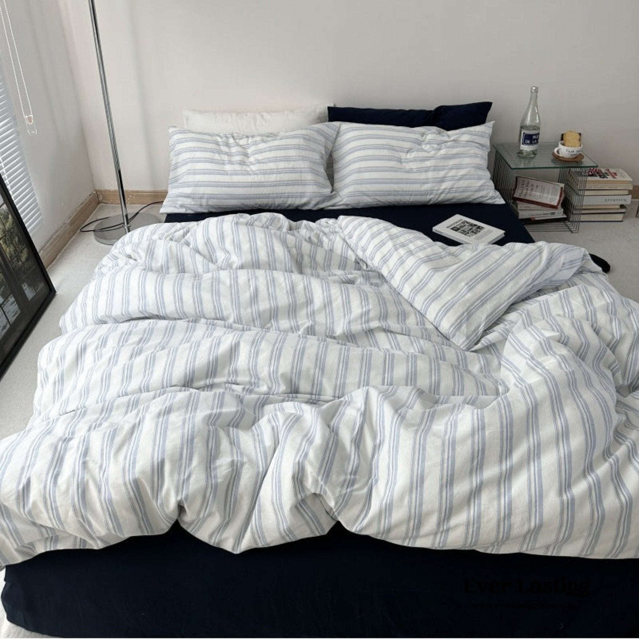  - Ever Lasting - Breezy Stripe Washed Cotton Blue Bedding Set - Bedding Set - Ever Lasting