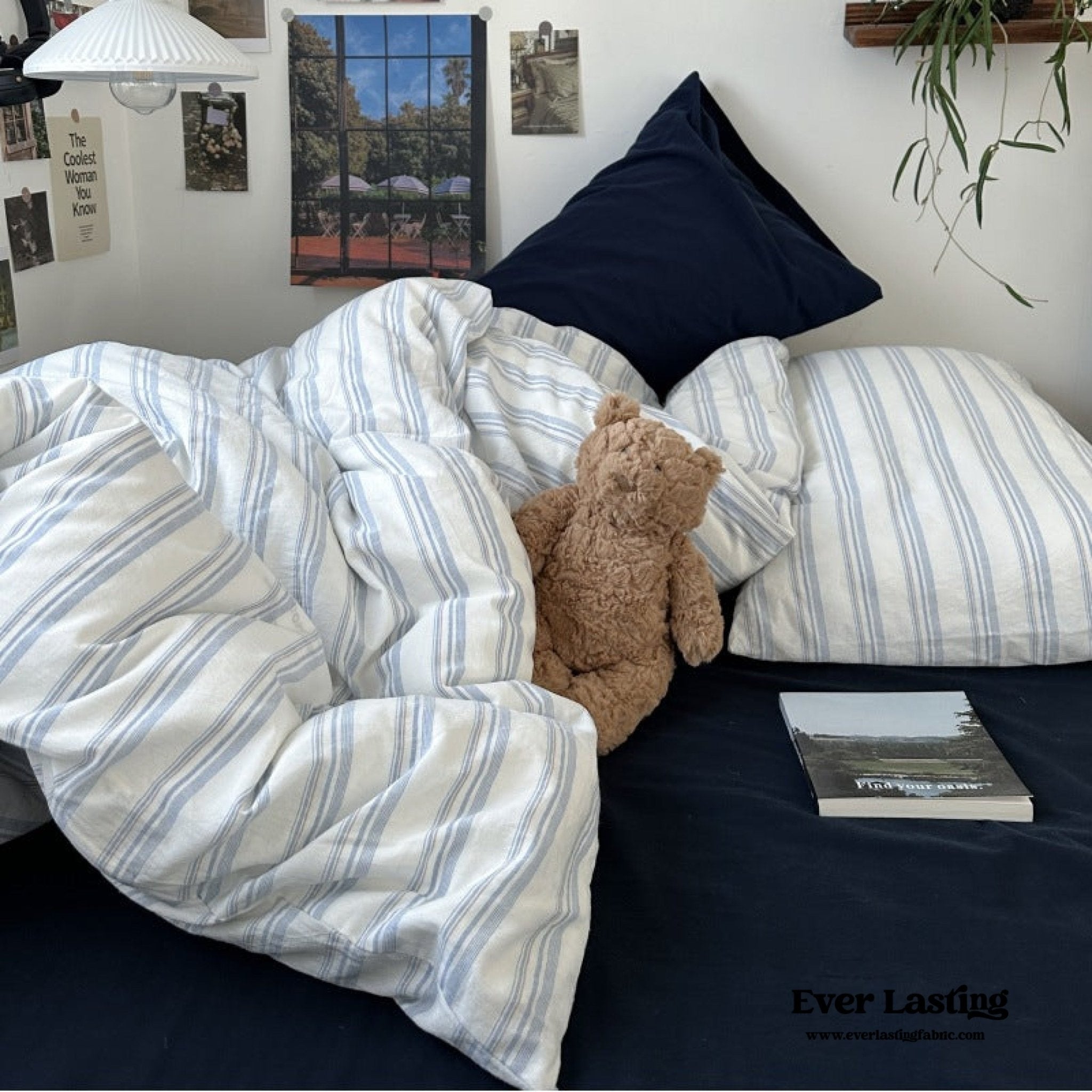  - Ever Lasting - Breezy Stripe Washed Cotton Blue Bedding Set - Bedding Set - Ever Lasting