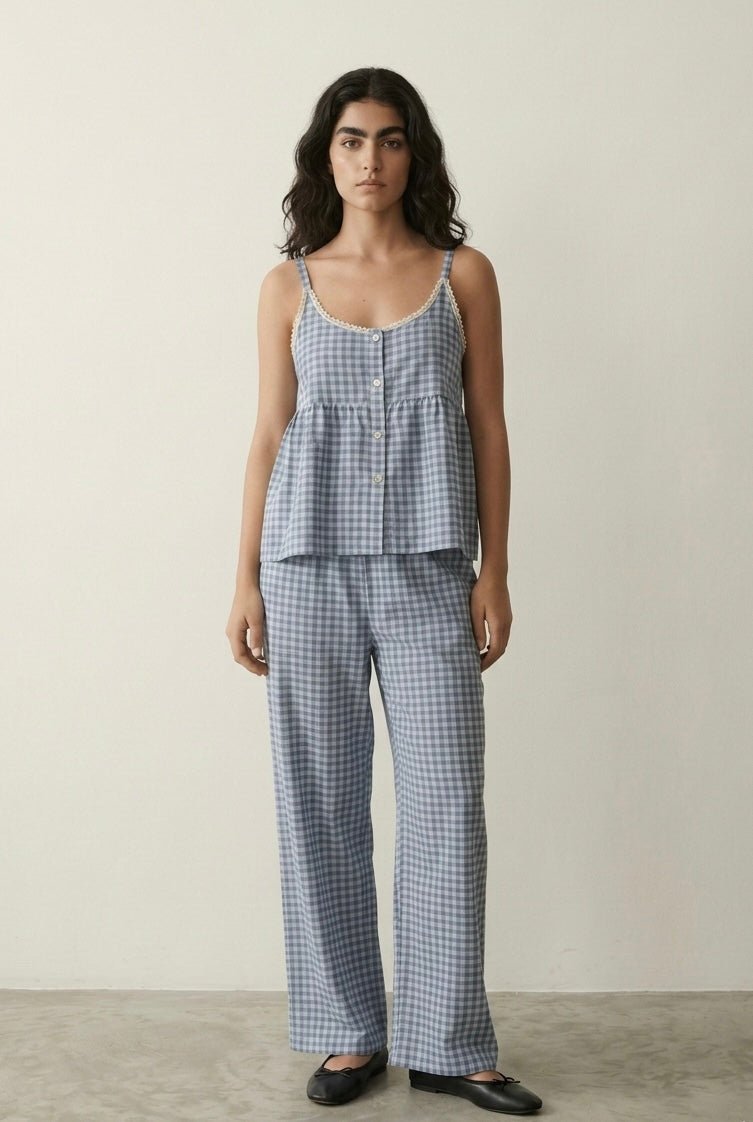  - Ever Lasting - Briony Gingham Sleeveless Pajama Set / Blue - Pajamas - Ever Lasting
