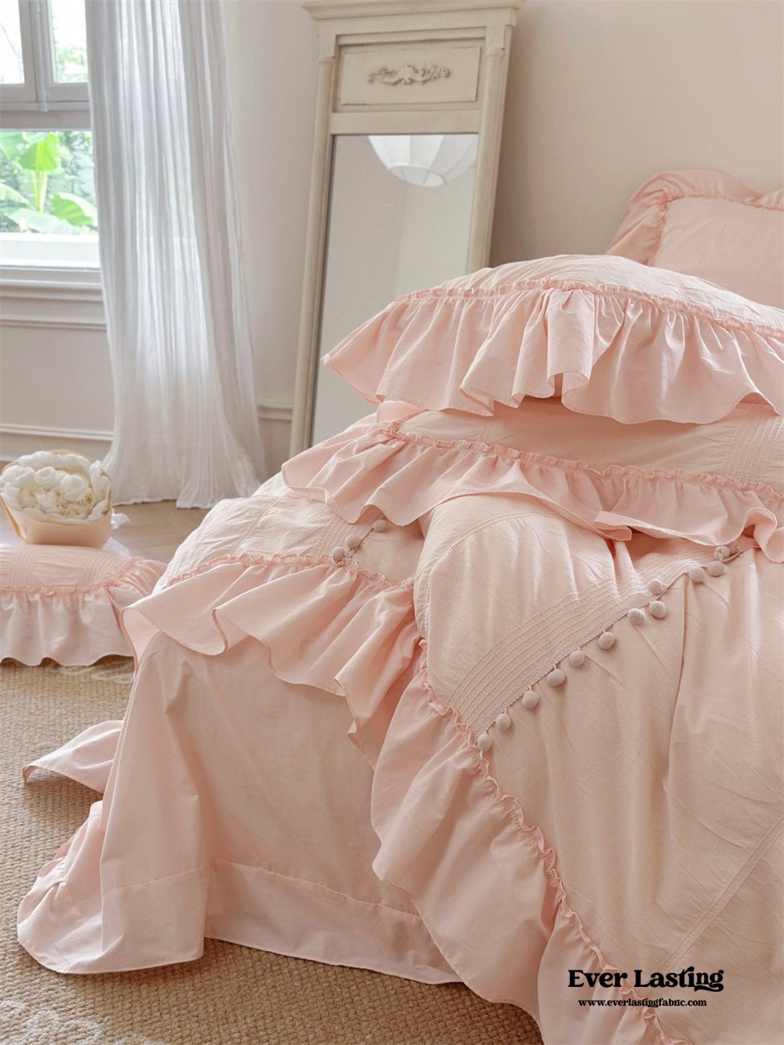 Bubble Washed Cotton Ruffle Bedding Set / Pink - Ever Lasting