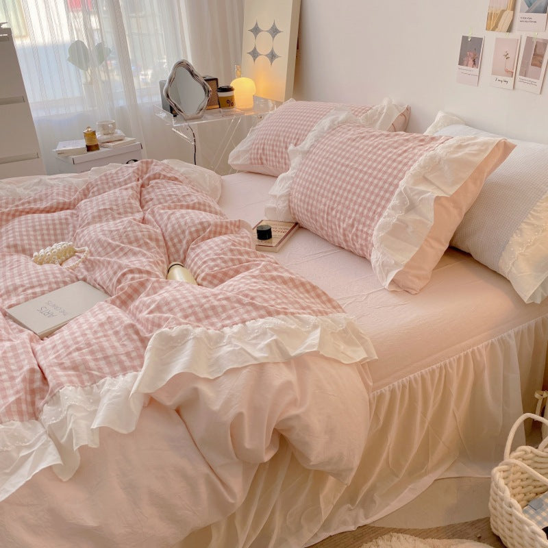 Candy Lace Gingham Ruffle Bedding Bundle Light Pink / Small Fitted