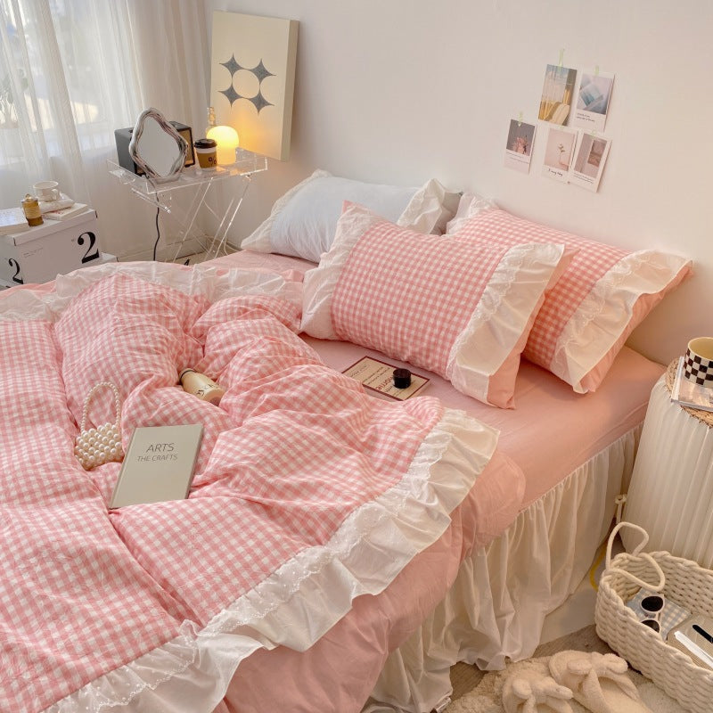 Candy Lace Gingham Ruffle Bedding Set / Pink Large Flat