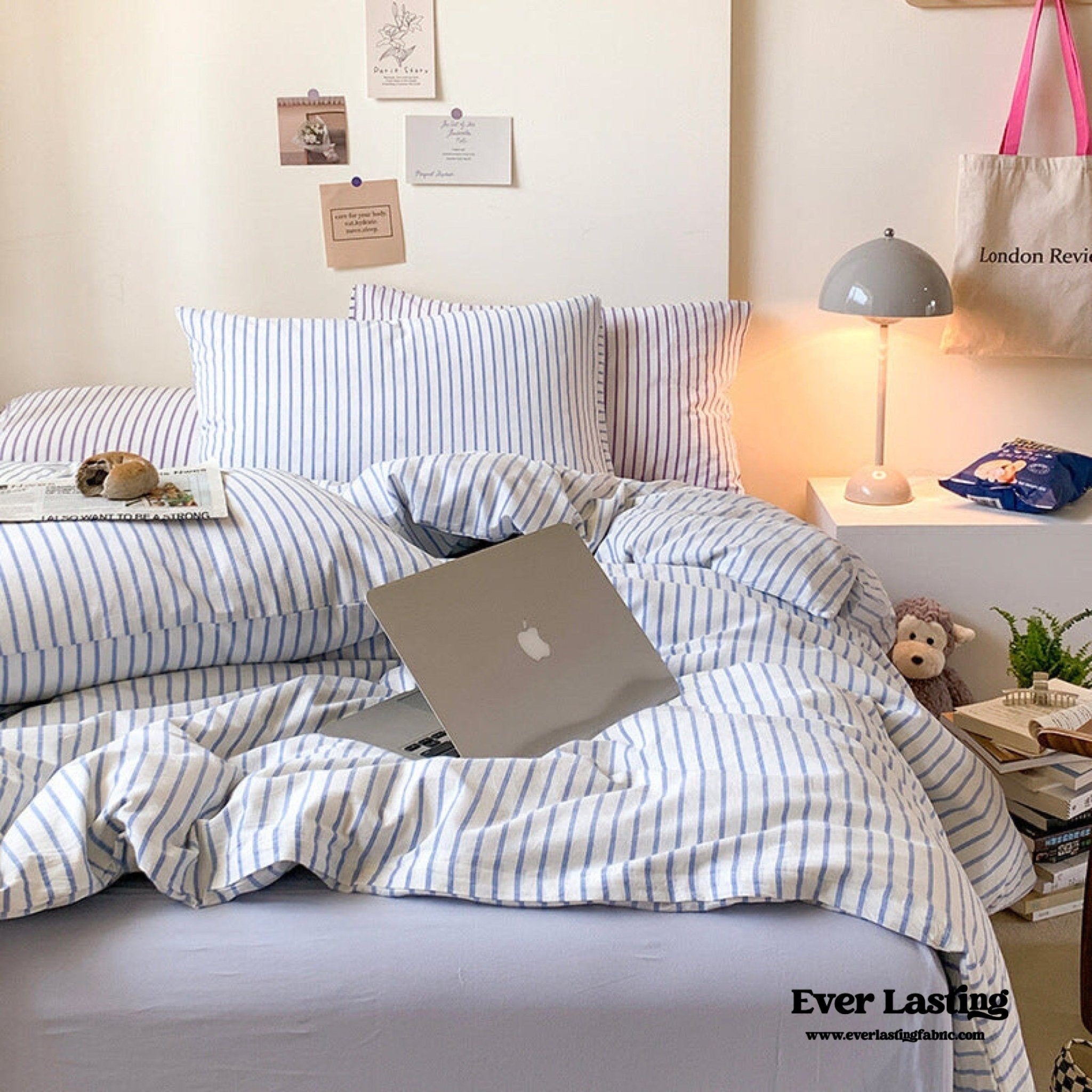 Candy Stripe Washed Cotton Bedding Set / Blue - Ever Lasting