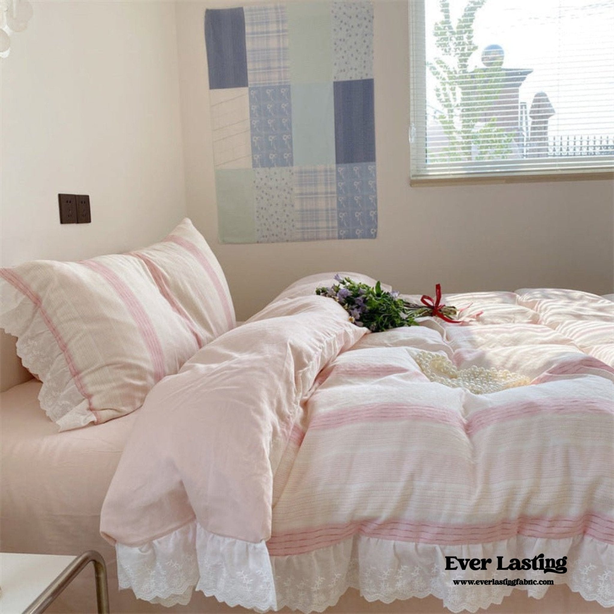 Cecilia Lace Ruffle Double Gauze Striped Bedding Set / Pink - Ever Lasting