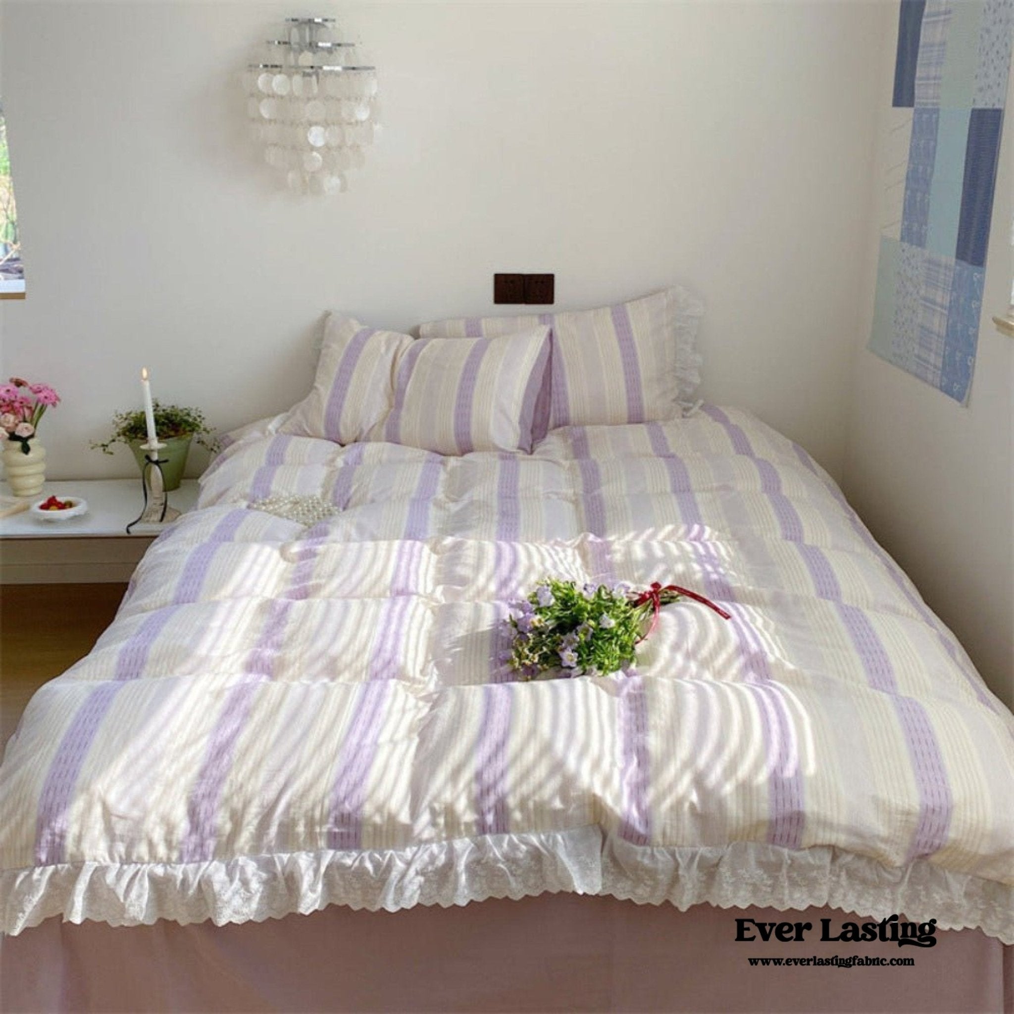 Cecilia Lace Ruffle Double Gauze Striped Bedding Set / Pink - Ever Lasting