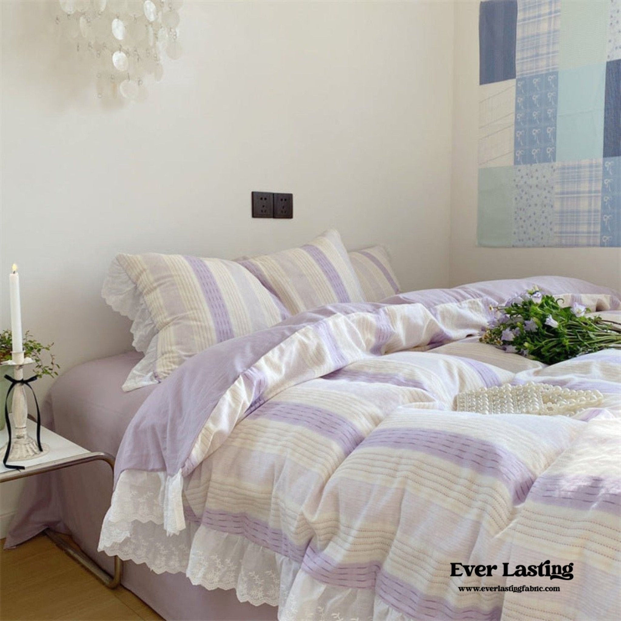 Cecilia Lace Ruffle Double Gauze Striped Bedding Set / Pink - Ever Lasting