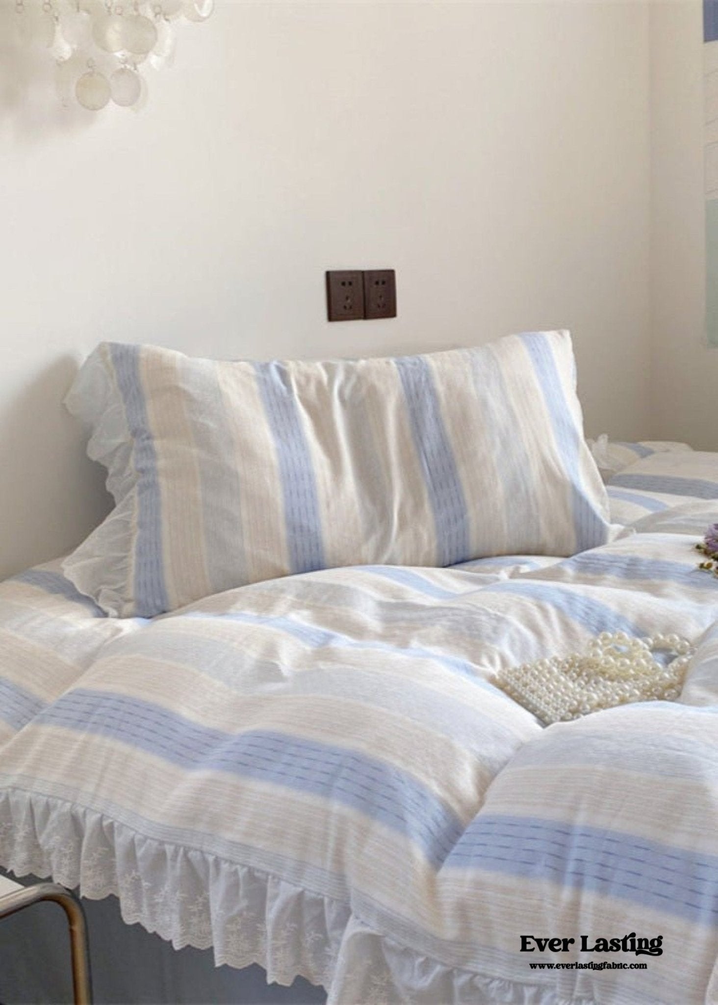 Cecilia Lace Ruffle Double Gauze Striped Bedding Set / Pink - Ever Lasting