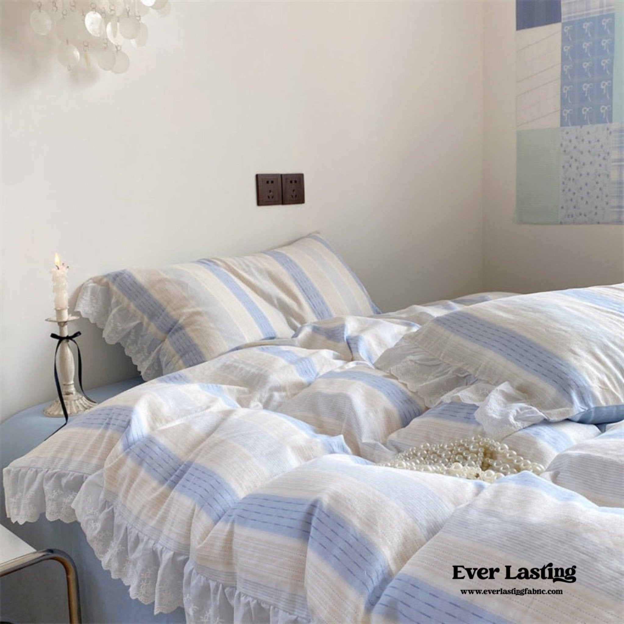 Cecilia Lace Ruffle Double Gauze Striped Bedding Set / Pink - Ever Lasting