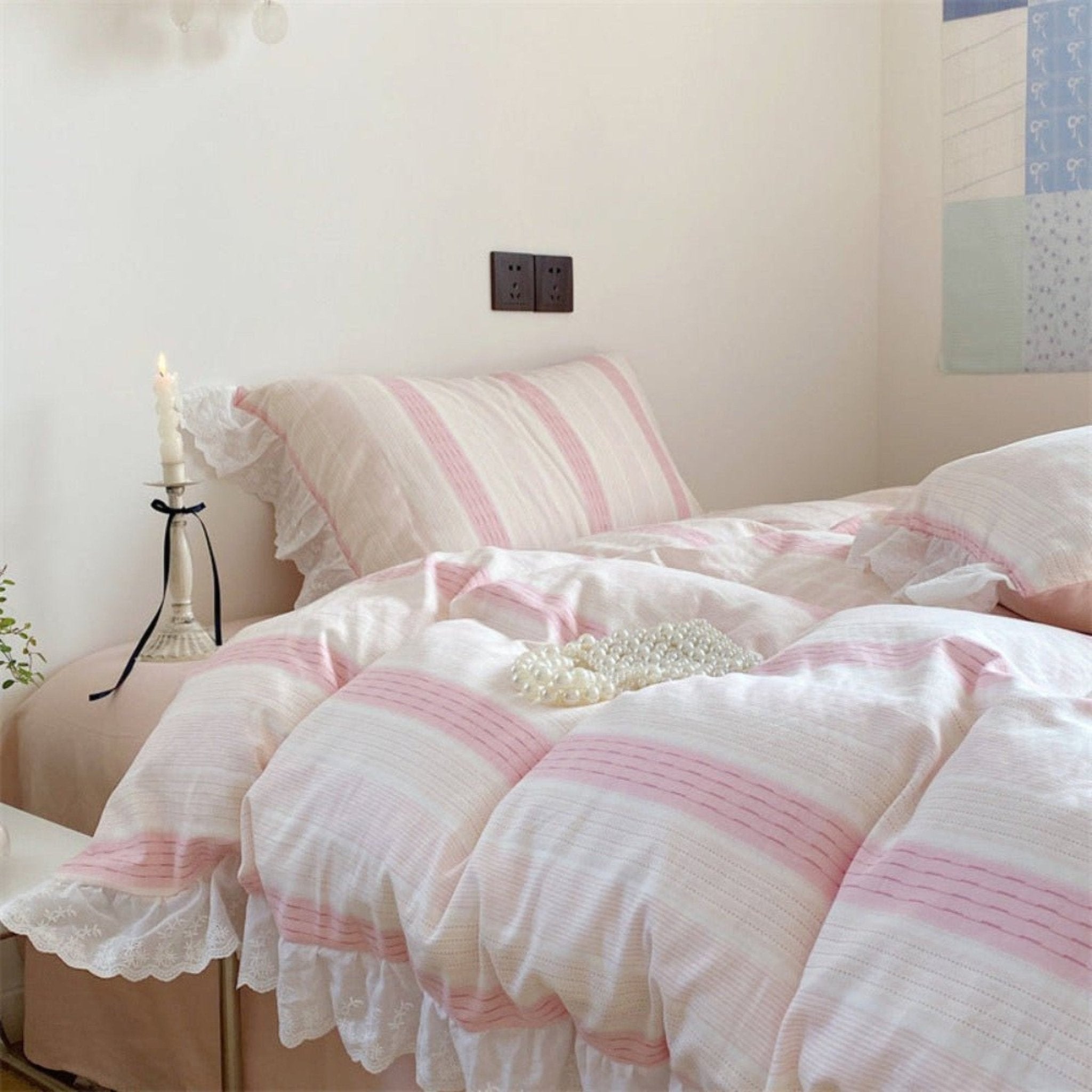 Cecilia Lace Ruffle Double Gauze Striped Bedding Set / Pink - Ever Lasting