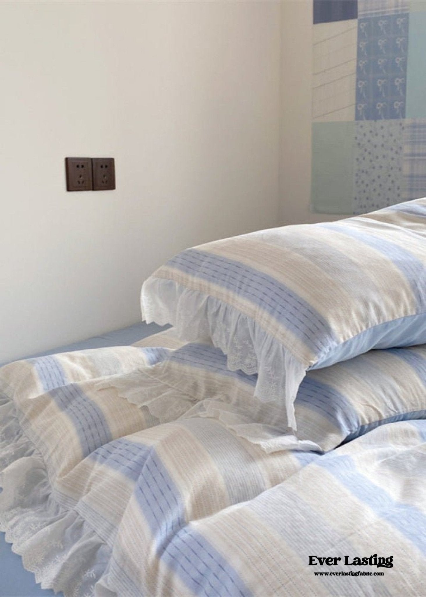 Cecilia Lace Ruffle Double Gauze Striped Bedding Set / Pink - Ever Lasting