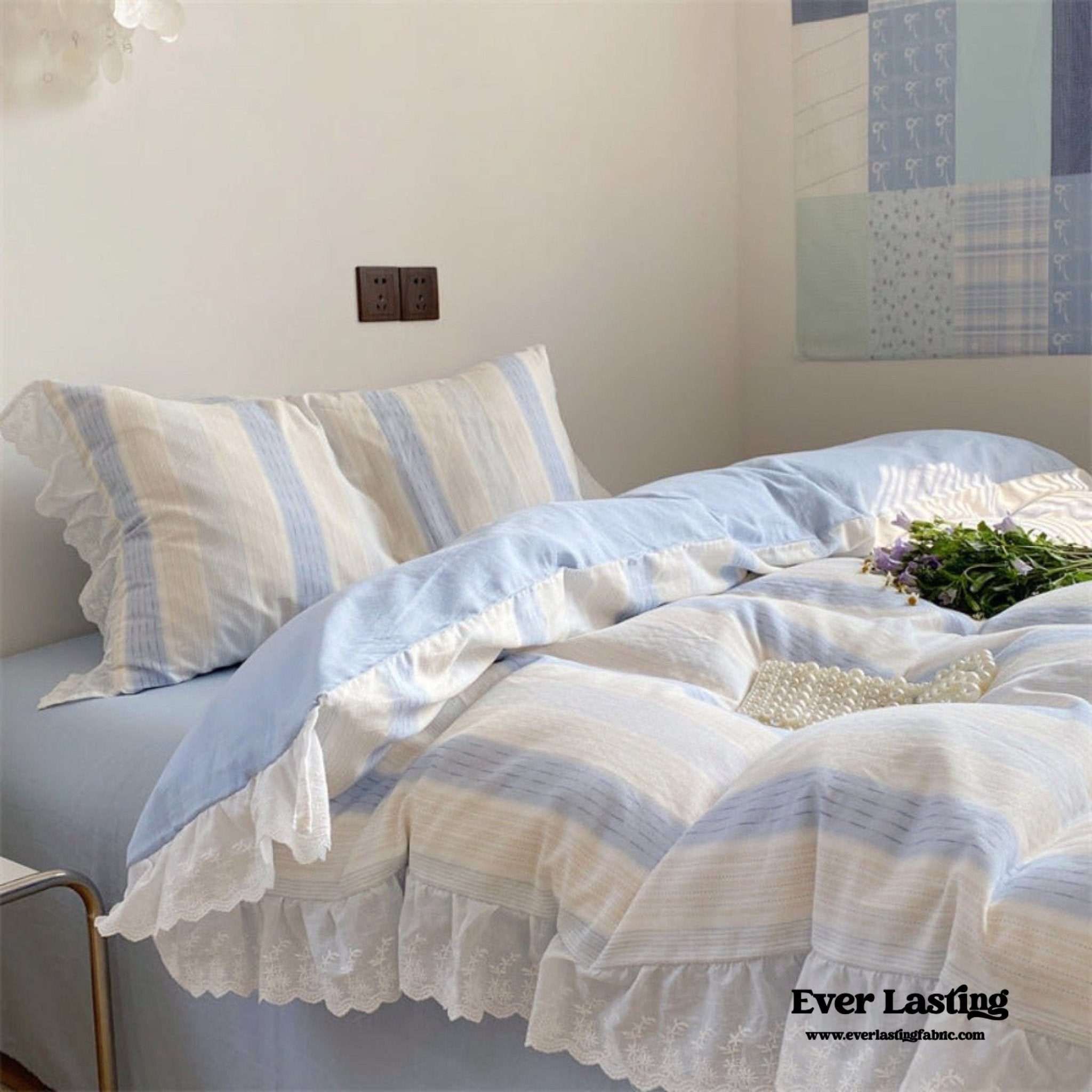 Cecilia Lace Ruffle Double Gauze Striped Bedding Set / Pink - Ever Lasting