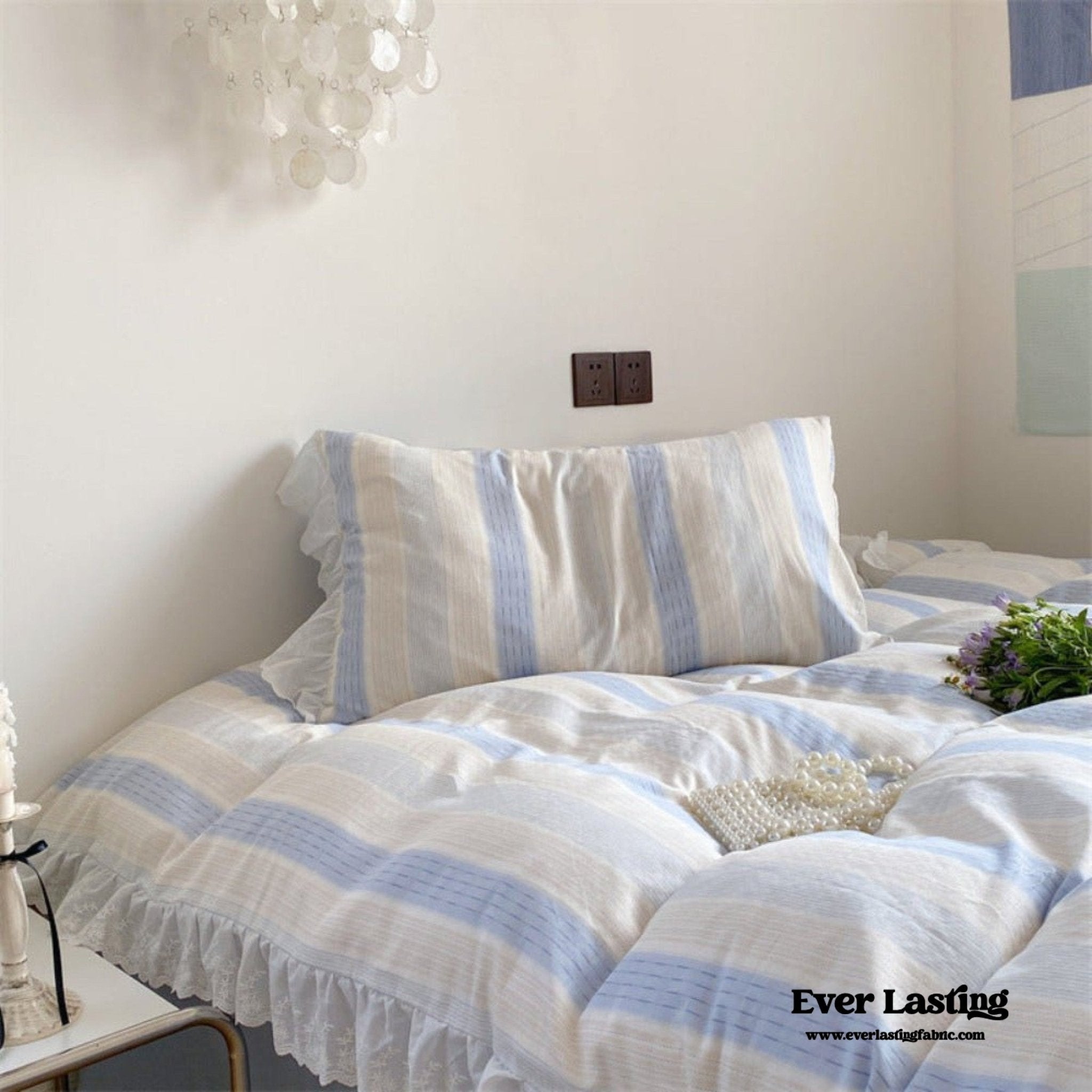 Cecilia Lace Ruffle Double Gauze Striped Bedding Set / Pink - Ever Lasting