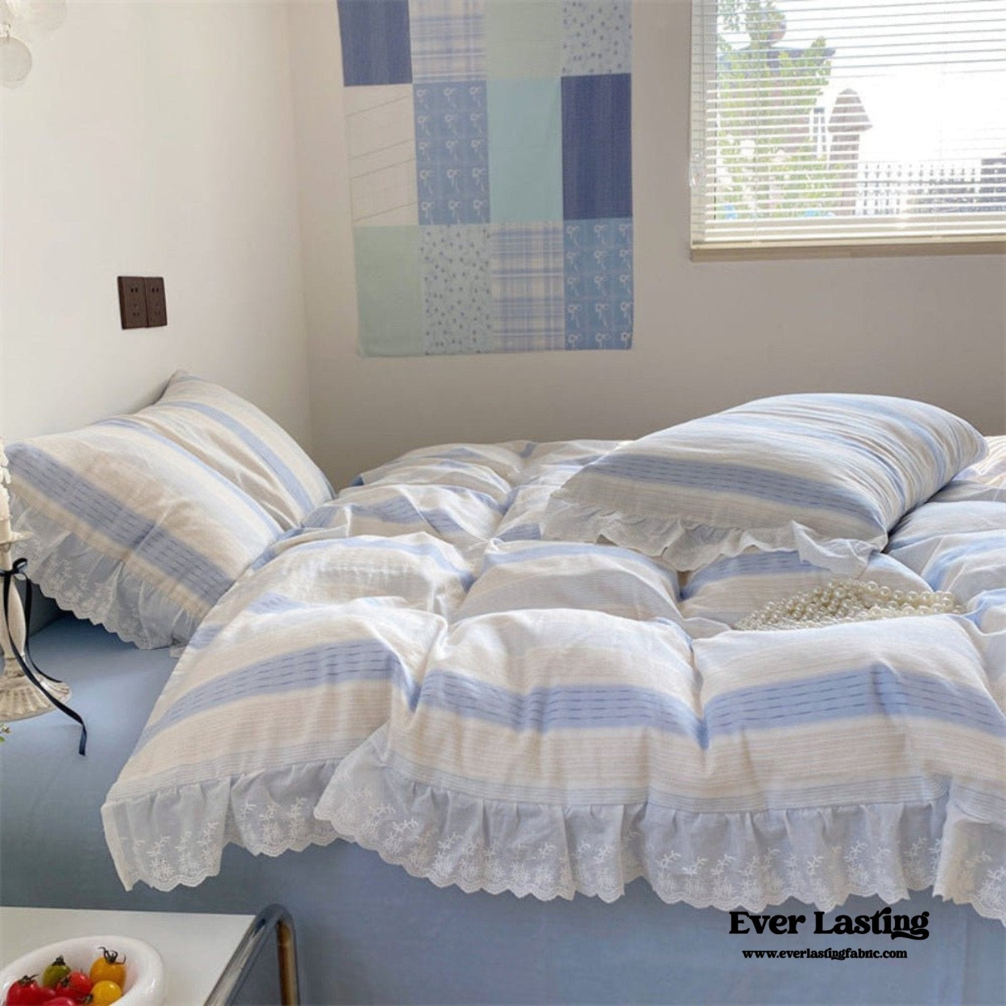 Cecilia Lace Ruffle Double Gauze Striped Bedding Set / Pink - Ever Lasting