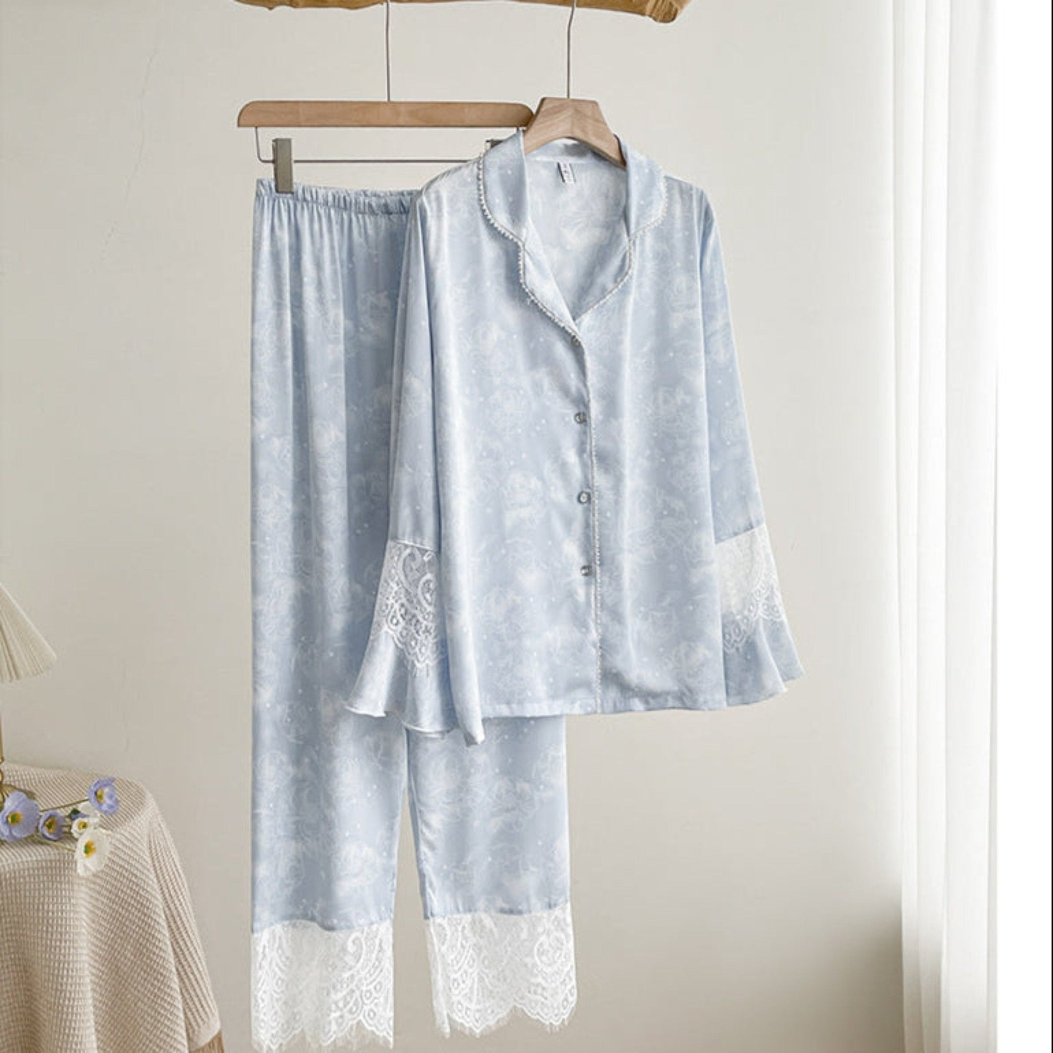 Celeste Silky Luxury Lace Pajama Set / Blue - Ever Lasting