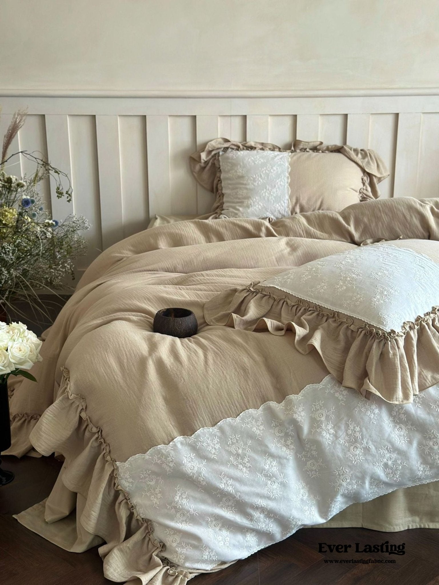 Celeste Soft Lace Embroidered Ruffle Bedding Set / Olive Green - Ever Lasting