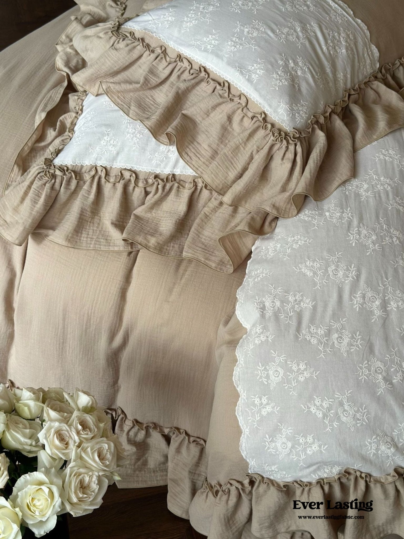 Celeste Soft Lace Embroidered Ruffle Bedding Set / Olive Green - Ever Lasting