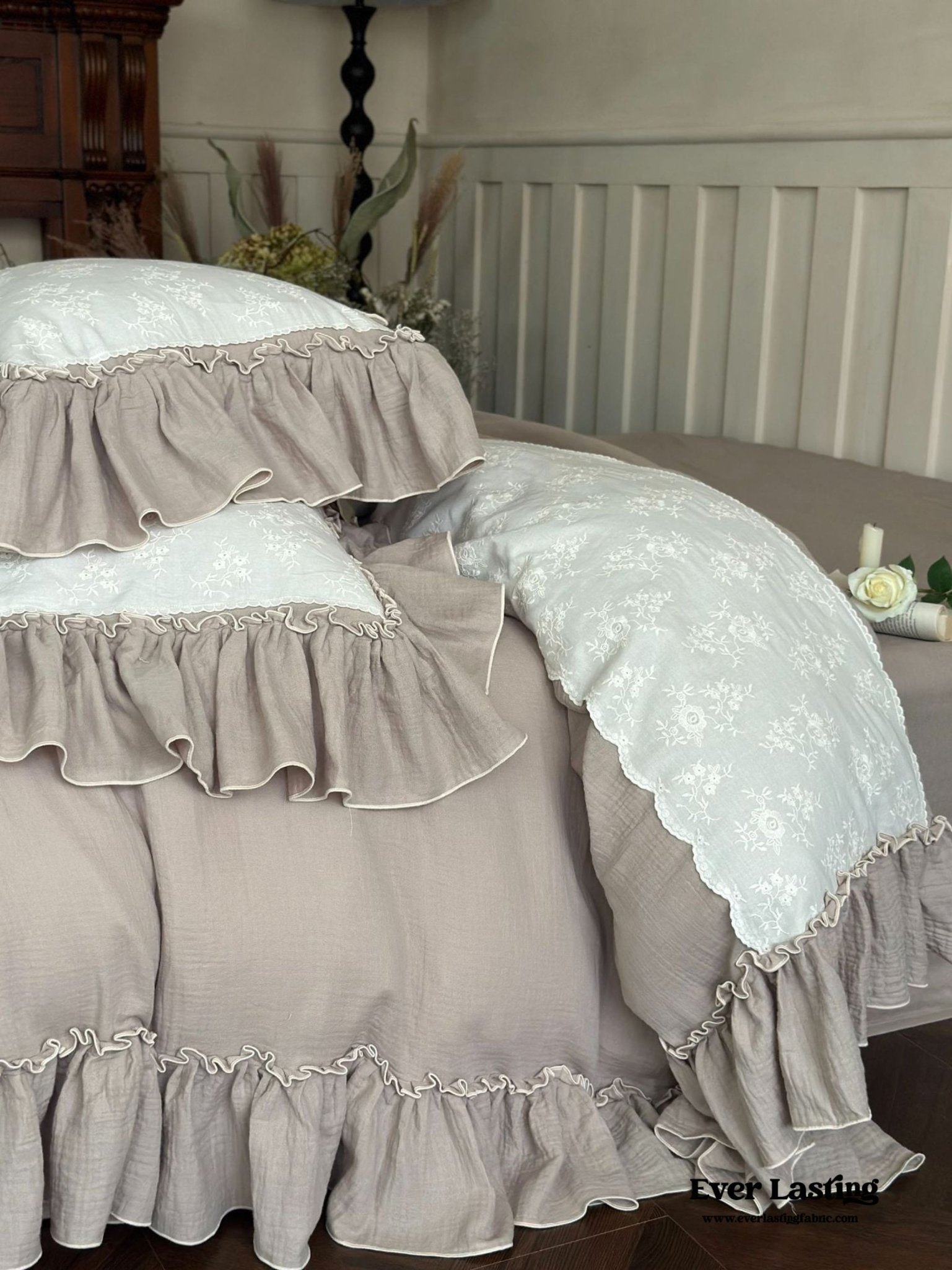 Celeste Soft Lace Embroidered Ruffle Bedding Set / Olive Green - Ever Lasting