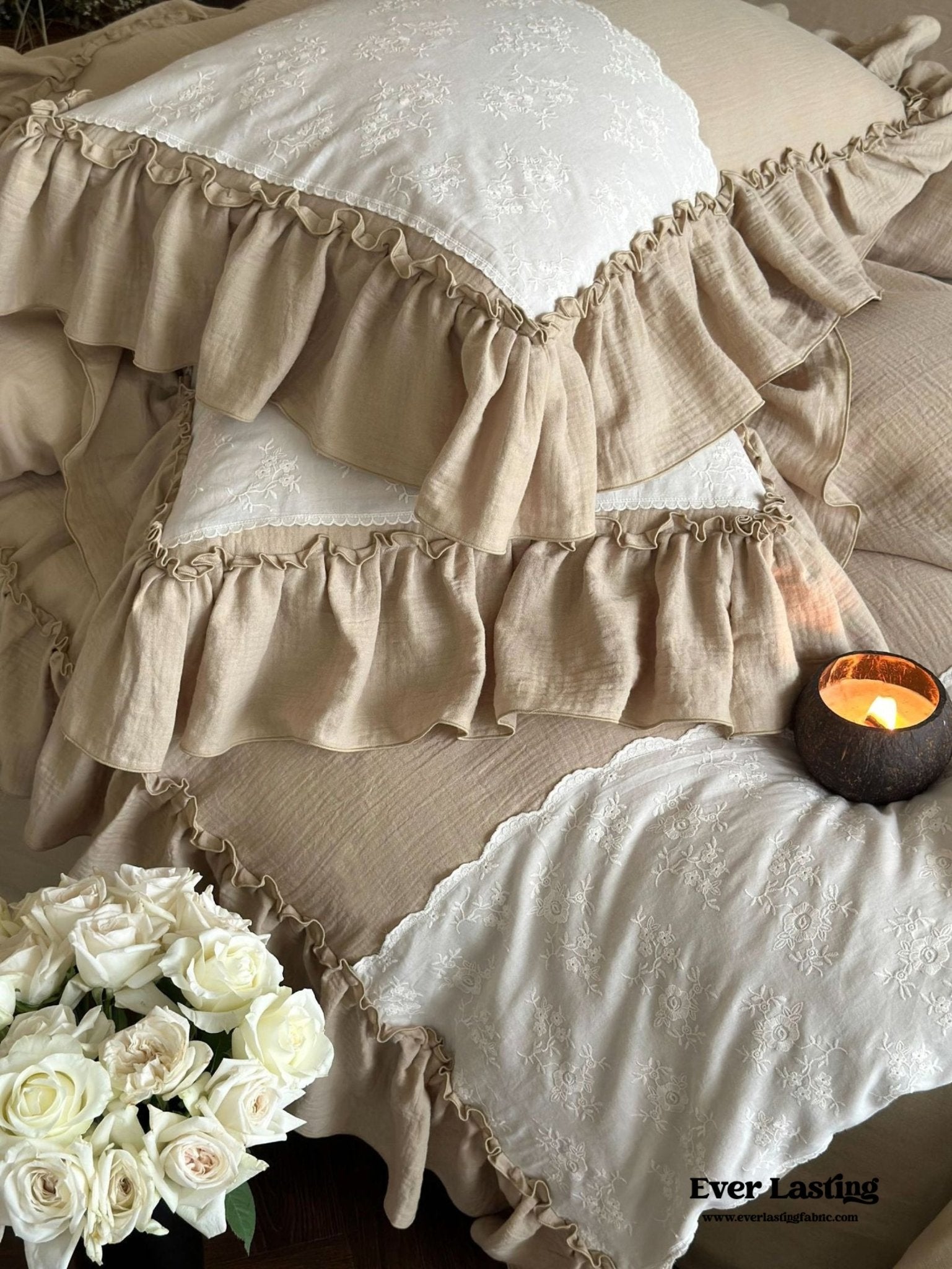 Celeste Soft Lace Embroidered Ruffle Bedding Set / Pink - Ever Lasting