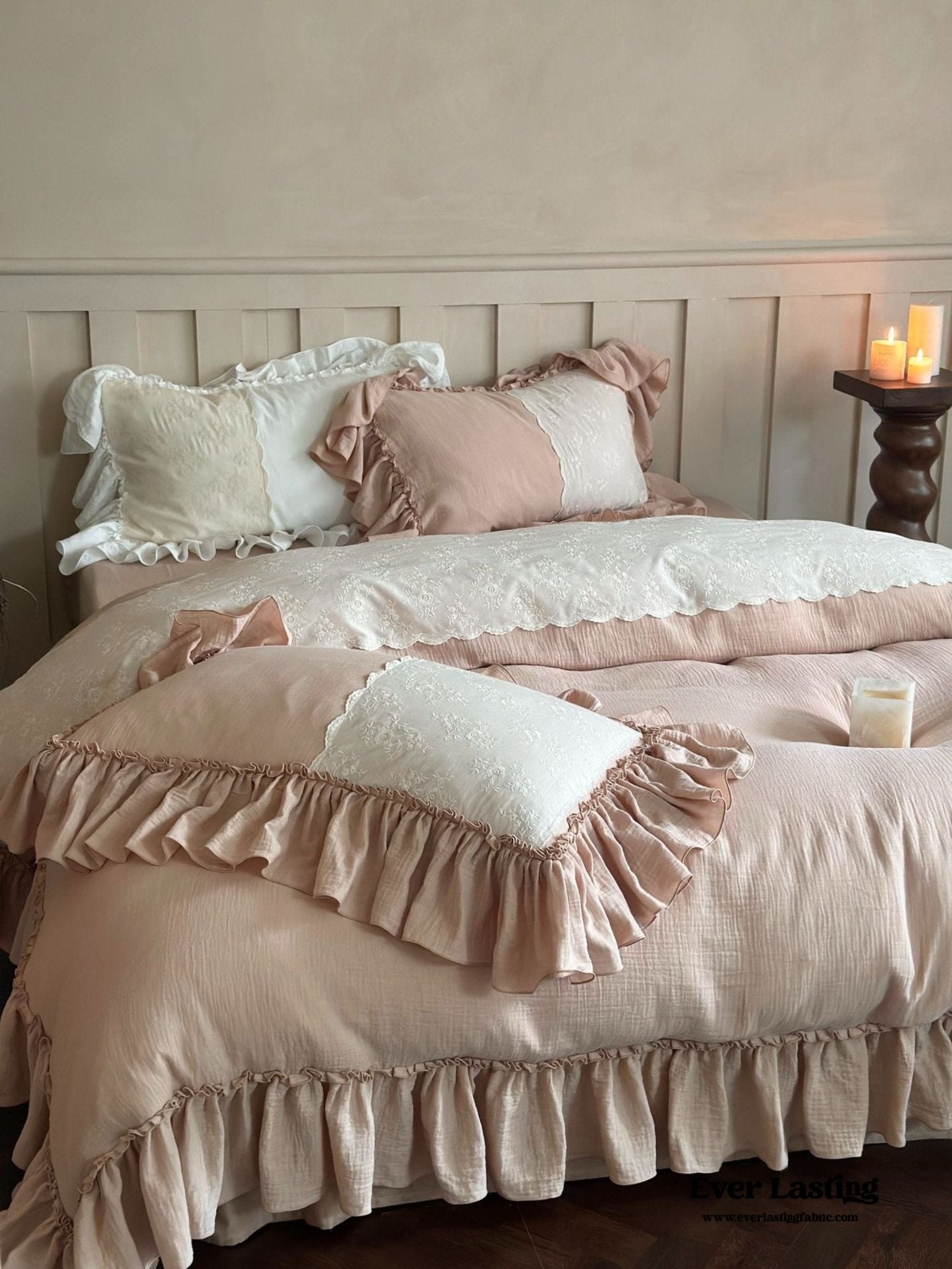 Celeste Soft Lace Embroidered Ruffle Bedding Set / Pink - Ever Lasting