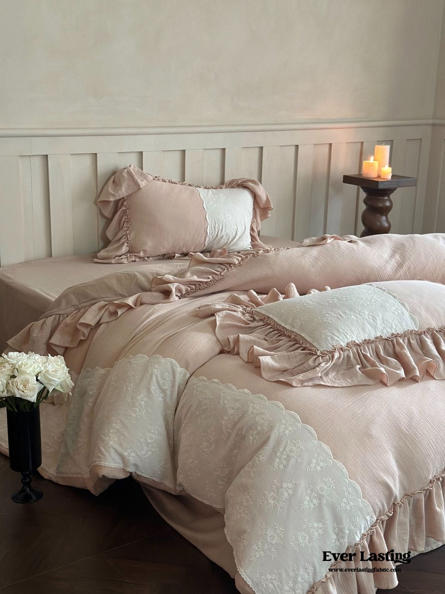 Celeste Soft Lace Embroidered Ruffle Bedding Set / Pink - Ever Lasting