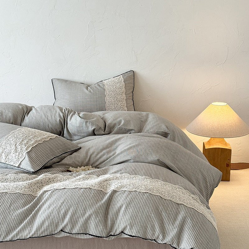 -Ever Lasting - Charlotte Striped Double Gauze Bedding Set / Black -Bedding Set -Ever Lasting