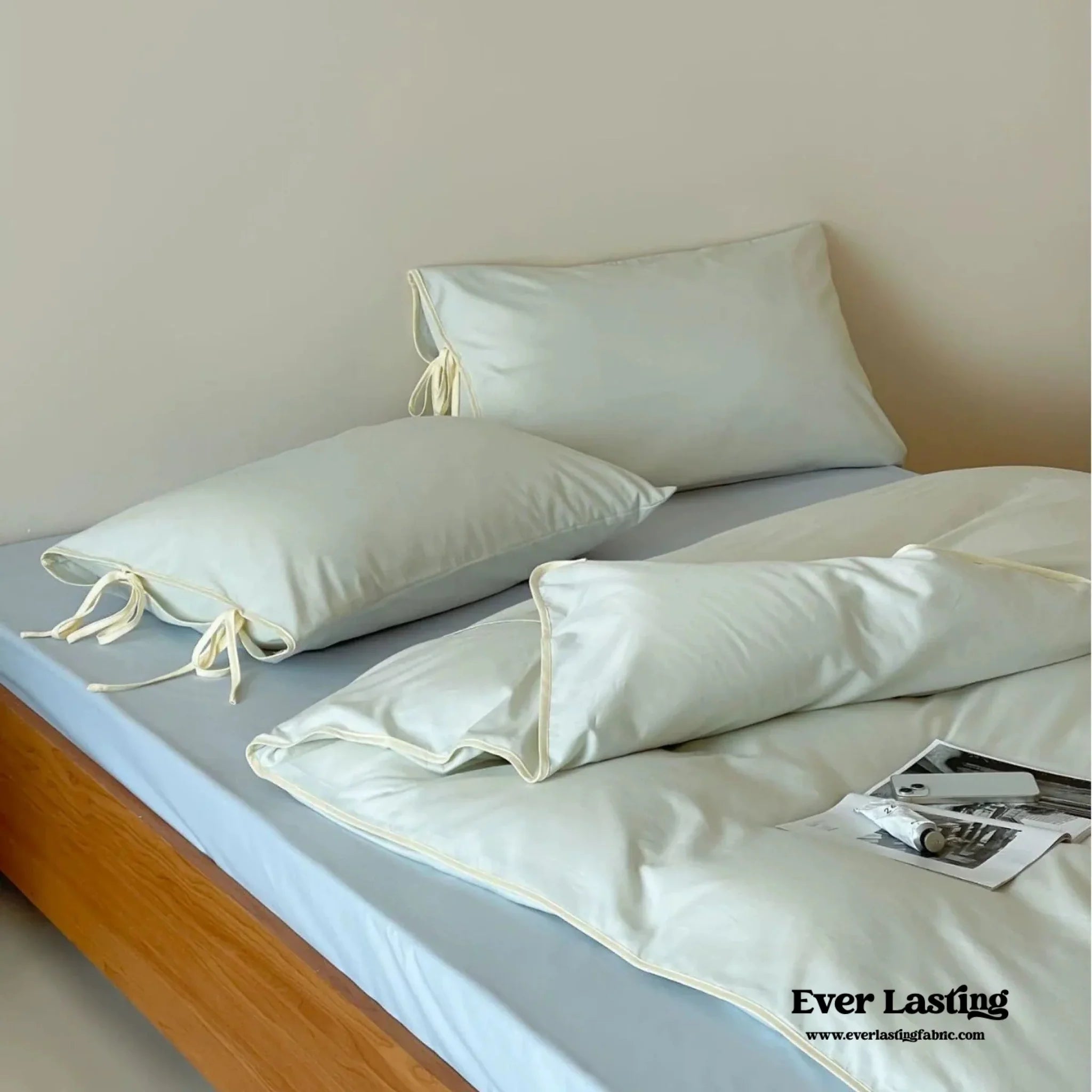 Chloe Minimalist Solid Tie Cotton Bedding Set / Blue with Navy Blue Ties - Ever Lasting