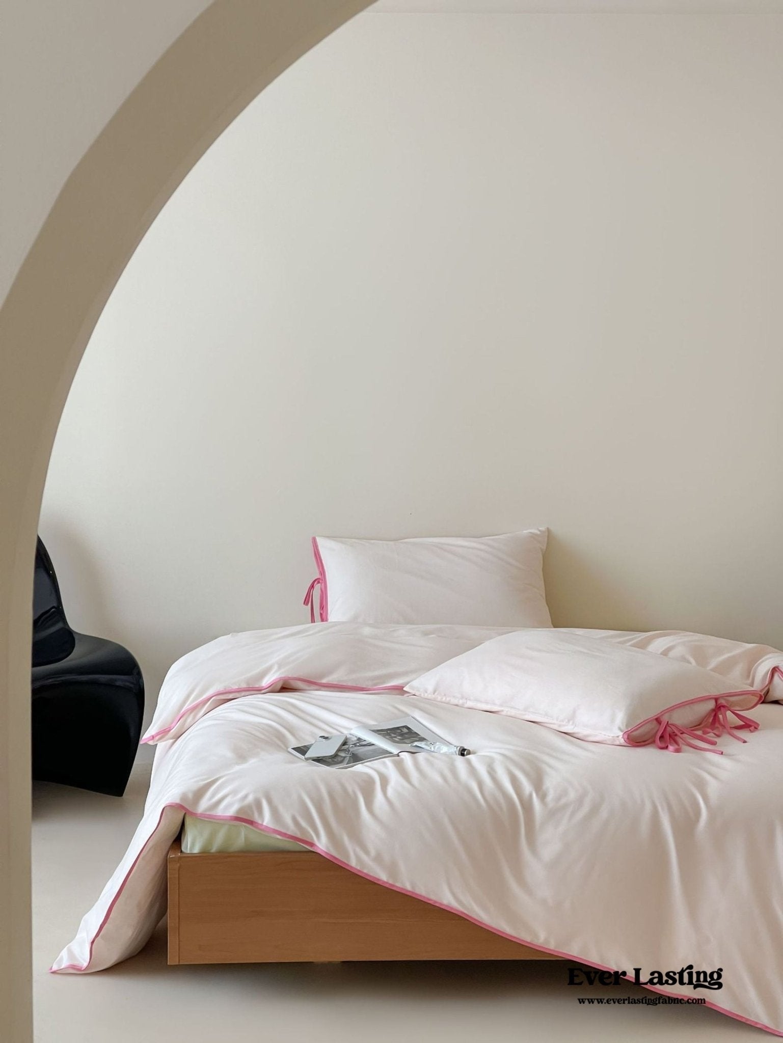 Chloe Minimalist Solid Tie Cotton Bedding Set / Pink with Barbie Pink Ties - Ever Lasting