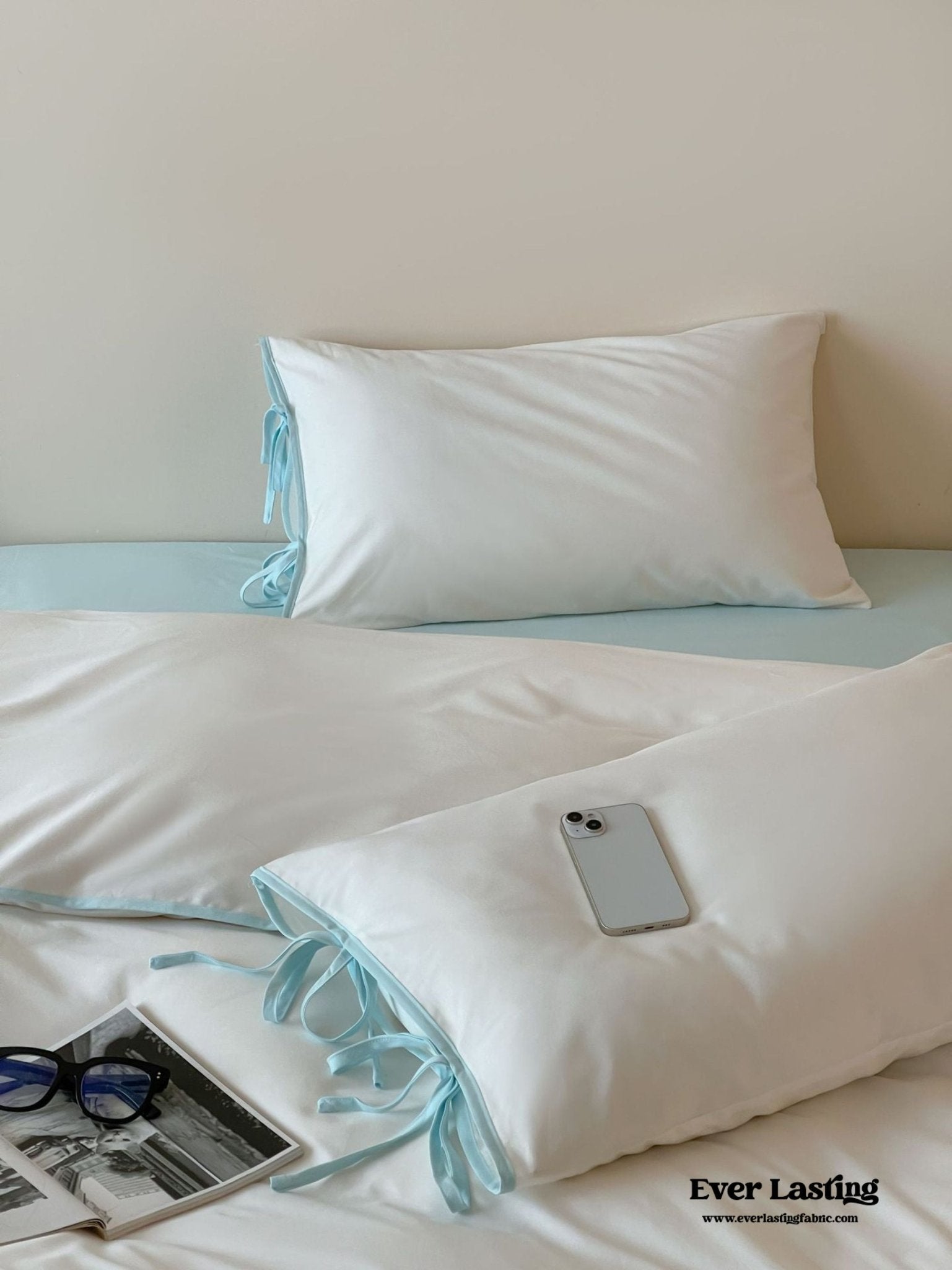 Chloe Minimalist Solid Tie Cotton Bedding Set / Pink with Puprple Ties - Ever Lasting