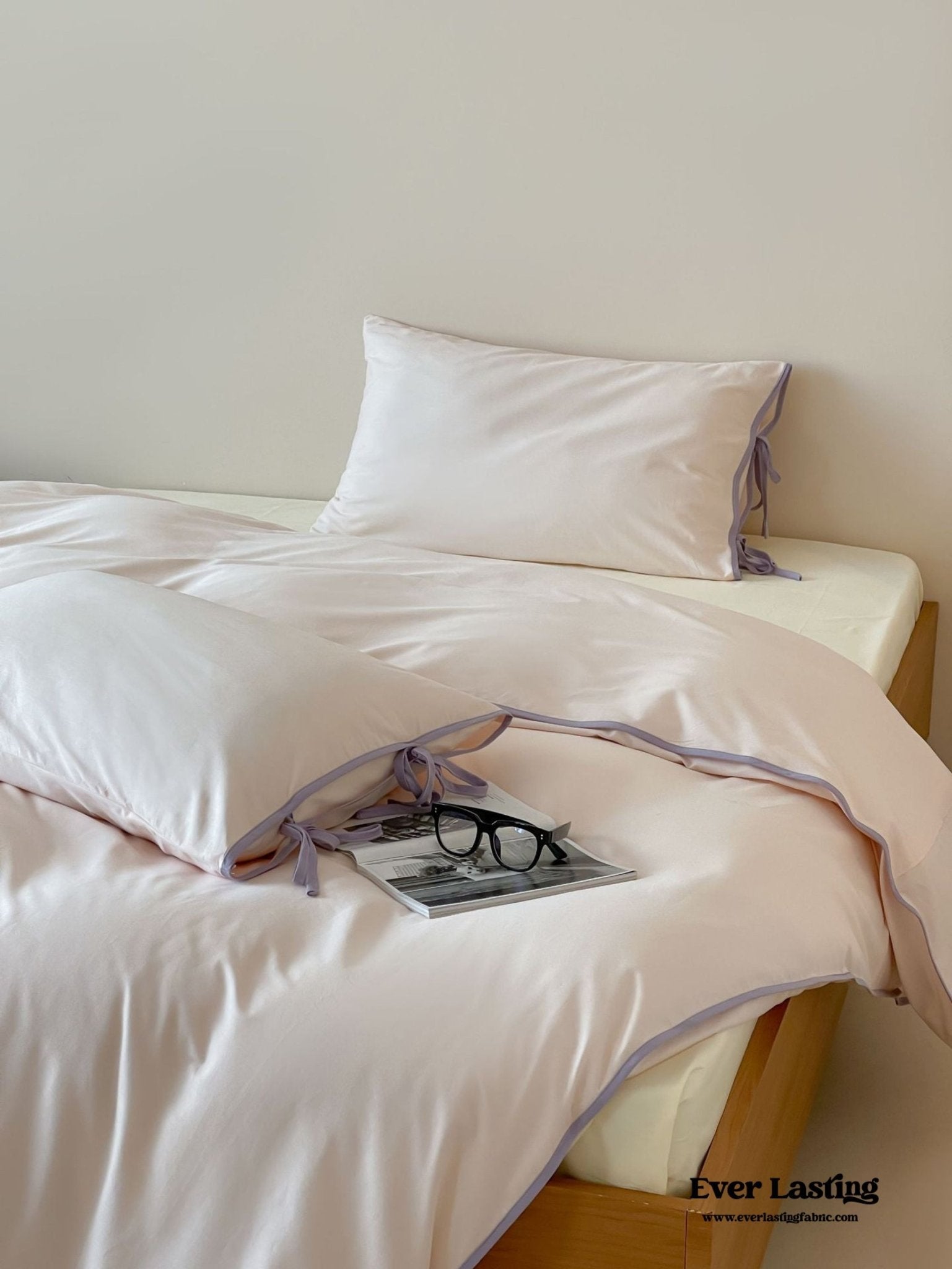 Chloe Minimalist Solid Tie Cotton Bedding Set / Pink with Puprple Ties - Ever Lasting